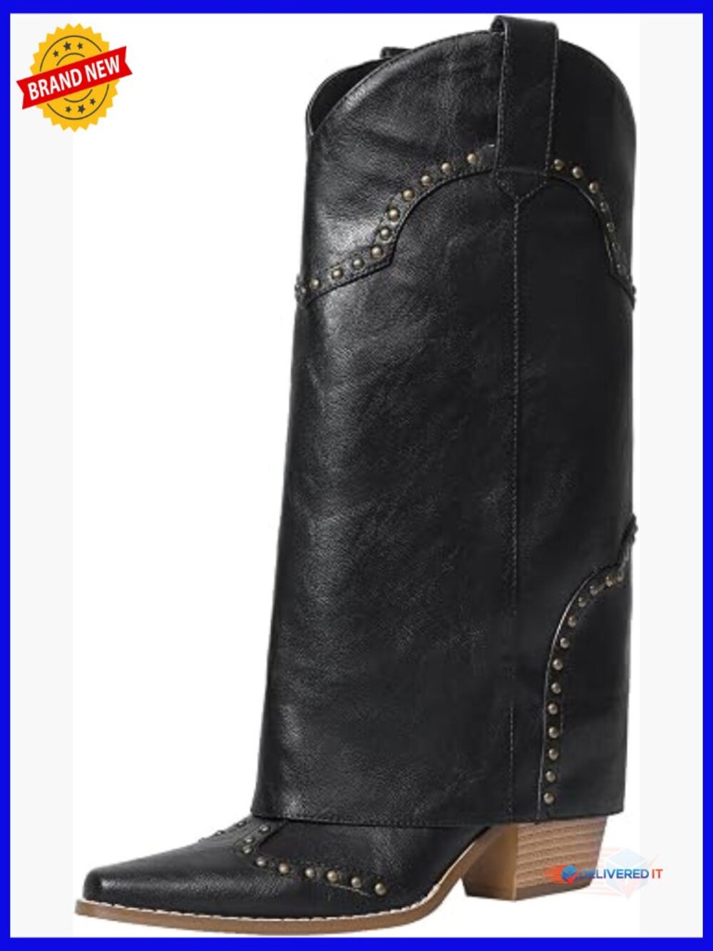 Knee High Western Cowboy Boots Studded Chunky Heel Snip Toe Festival